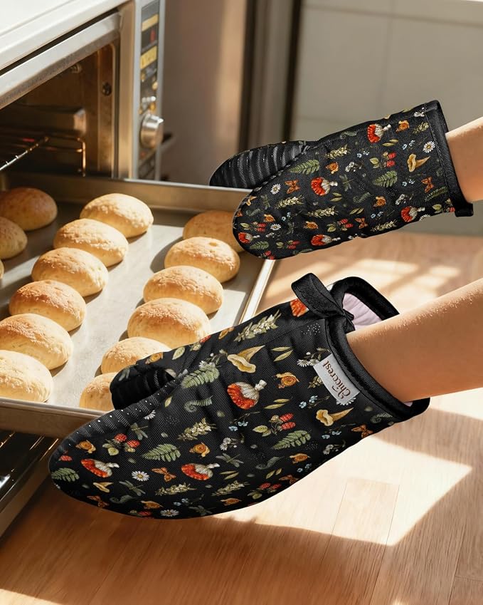 100% Thick Cotton Mini Oven Mitts Silicone Grip Black Mushroom | Girly Cute Oven Mitts for Women, Machine Washable, Non-Slip, Reversible Design Fits Both Hands, Stylish Kitchen Decor