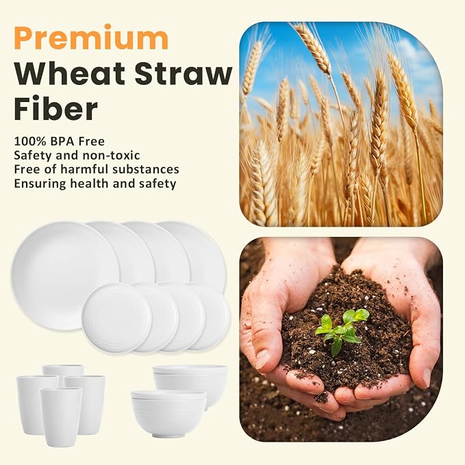 Wheat Straw Dinnerware Sets - 16 PCS Unbreakable Dinner Plates,Dessert Plates,Cereal Bowls,Drinking Cups,Dishes Sets for 4，Reusable Dishwasher & Microwave Safe for Kitchen - White
