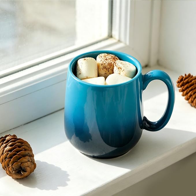 HASENSE 15oz Large Ceramic Mug Set, 4-Piece Blue Ombre Coffee Cups with Handle – Microwave & Dishwasher Safe for Cappuccino Latte Tea, Housewarming Present