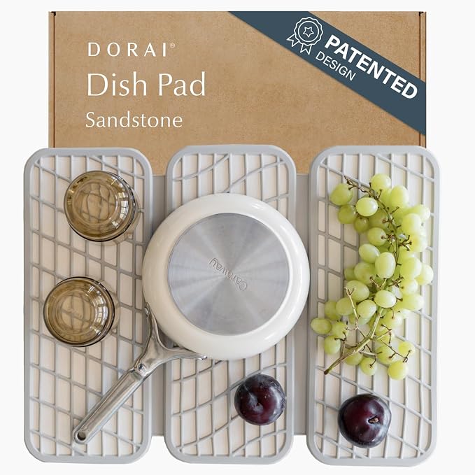 Dorai Home Dish Pad - Collapsable Stone Dish Drying Mat with Diatomaceous Earth for Quick Drying - Ultra Absorbent - Encased in Silicone - Eco-Friendly, Foldable - Original 19.9"x15.2" Sandstone