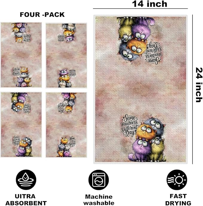 Jztco 4 Pcs Funny Cat Kitchen Towels, Cute Cat Gifts Reusable Hand Towels | Cat Dish Cloths for Drying Dishes, Cats Waffle Dish Towels for Kitchen Bathroom Decor, Cat Lover Gifts for Women Grandma Mom