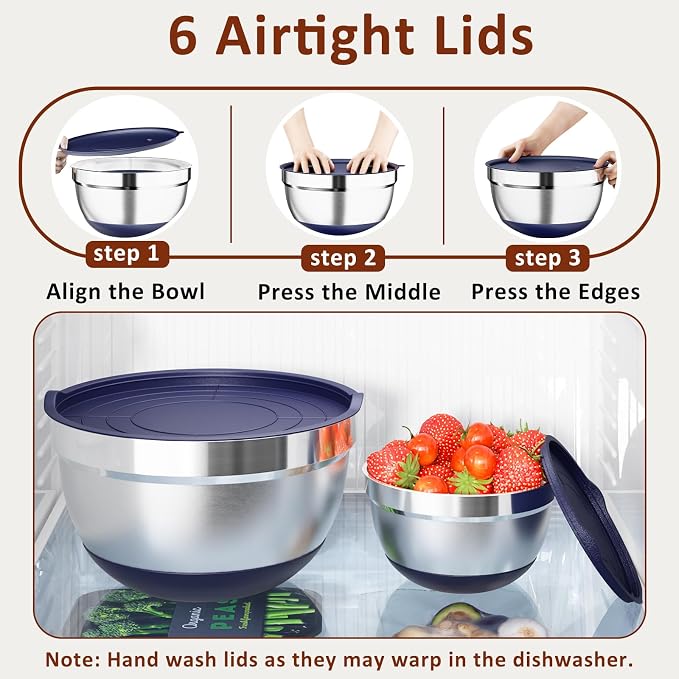 9 Pack Mixing Bowls with Airtight Lids & Grater Attachments, Navy | Stainless Steel Bowl, Non-slip Bases, Nesting Kitchen Bowl, Size 5, 4, 3, 2, 1.5,1QT,for Food Prep, Baking, Storage & Serving