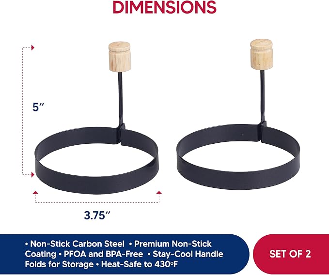 HIC Kitchen Non-Stick Fried and Poached Egg and Pancake Cooking Rings, Round Shaped, PFOA and BPA Free, Set of 2