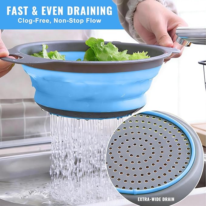2 Pack Collapsible Silicone Colander with Handle, Over Sink Foldable Food Strainer, BPA-Free Space Saving Drain Basket for Vegetables, Fruits, Pasta, Kitchen & Camping (Blue)