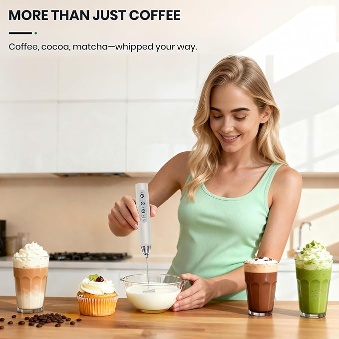 Colarlemo Milk Frother Handheld Rechargeable with Stand, Frother Wand Drink Mixer Electric Whisk for Coffee, Detachable With 3 Stainless Whisks, Hand Mixer for Lattes, Cappuccino, Matcha, Egg, Beige