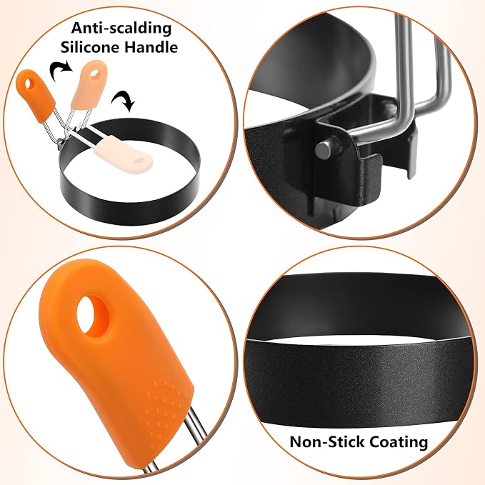 Patelai 6 Pcs Egg Rings for Griddle Nonstick Pancake Molds,4, 6 Inch | Stainless Steel with Orange Silicone Handle, Fried Egg Shapers Molds, Adjustable for Breakfast Omelette Sandwich
