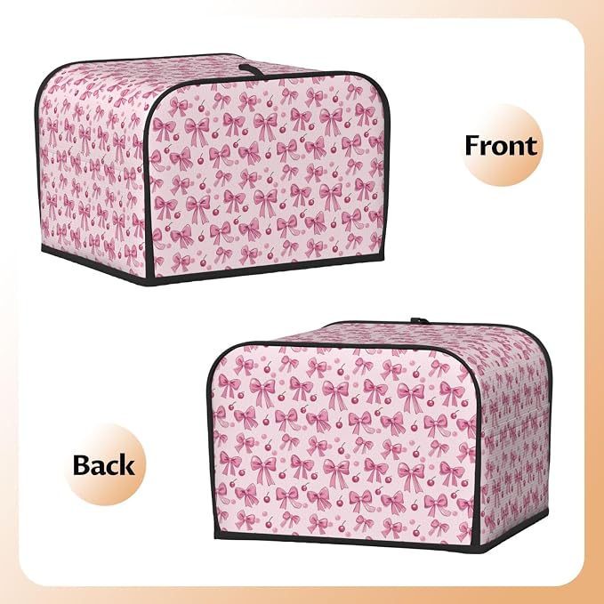 4 Slice Toaster Cover Pink Bow Pattern Cherry Dust Proof Washable Kitchen Appliance Cover with Pocket, Oxford Fabric Countertop Toaster Protector for Standard Toasters Small Appliances