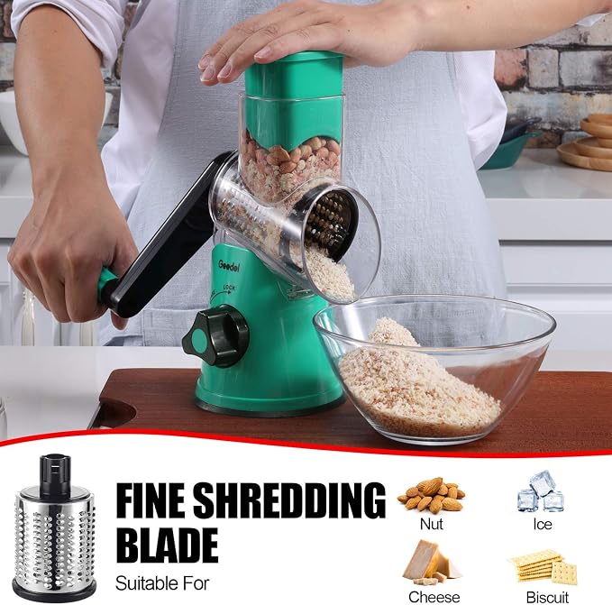 Geedel Rotary Cheese Grater Hand Crank, Cheese Shredder Vegetable Slicer | 3 Blades, 430 Stainless Steel, 12x Fast Cutting, Strong Suction Base, No BPA, Dishwasher Safe, for Cheese, Veggie, Nut
