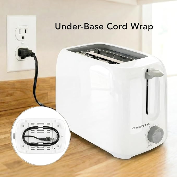 OVENTE Electric 2 Slice Toaster Machine 6-Shade Setting, White TP2210WGY | Compact Design and Removable Crumb Tray, 700W Power Perfect for Toasting Bread, Thin Bagels and Waffles