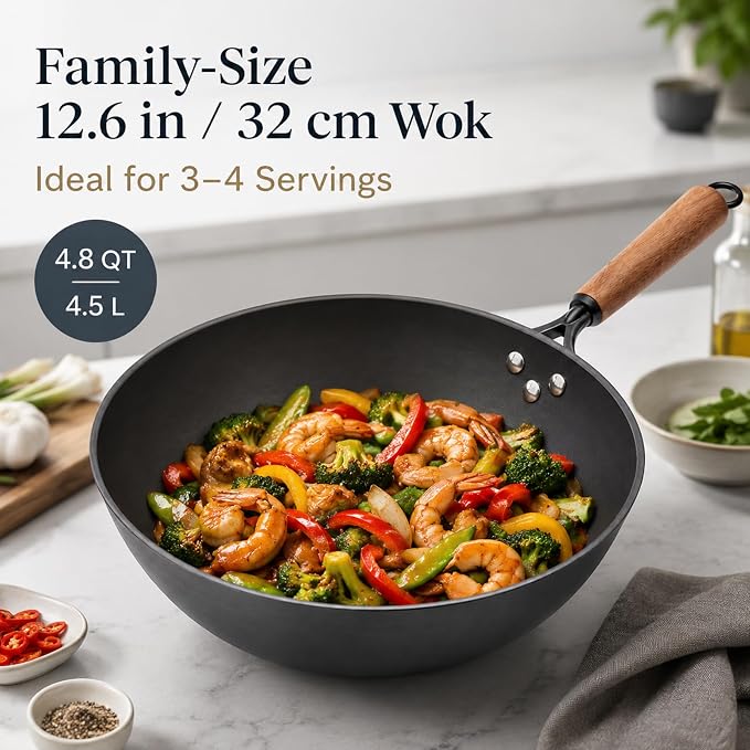 Carbon Steel Wok with Glass Lid, 12.6 Inch Flat Bottom Stir Fry Pan, Rolled Edge Spun Wok Pan, Coating-Free Wok for Induction, Gas & Electric Cooktops, 3–4 Servings