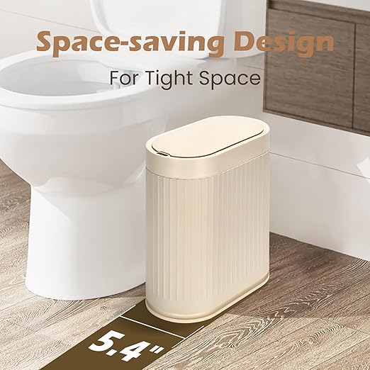 SYNCVIBE Bathroom Trash Can with Lid, 2 Gallon, Automatic Lid, Beige | Motion Sensor Garbage Can, 7.5 Liter Smart Trash Bin, IPX5 Waterproof Narrow Plastic Wastebasket for Bedroom and Office