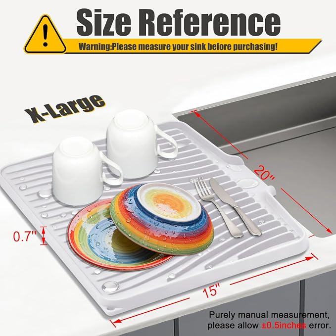TIKNIK Silicone Dish Drying Mat for Kitchen Counter, White-1pcs, 20" x 15" | Heat Resistant & Non-Slip Dish Drain Pad with Built-In Drain, Dishwasher Safe, Quick-Dry, Hangable & Roll-Up for Storage