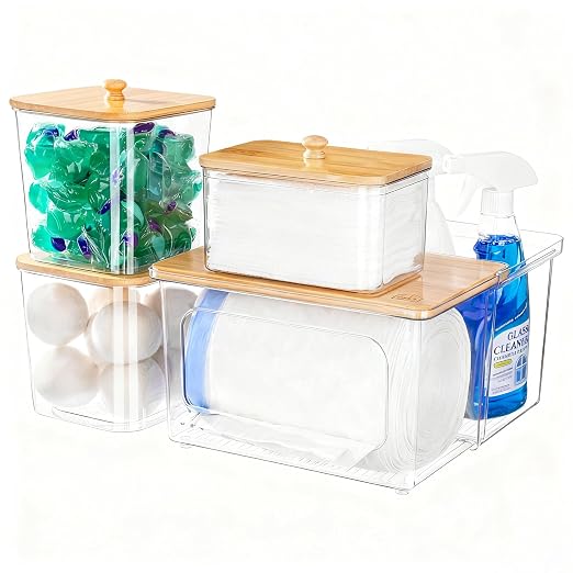 iCASA Trash Bag Dispenser Dishwasher Pods Container Under Sink Organizer | 5 in 1 Stackable Trash Bag Holder Garbage Bag Dispenser for 13/30/33 Gallon Bags, Clear Storage Bins Laundry Pods Container