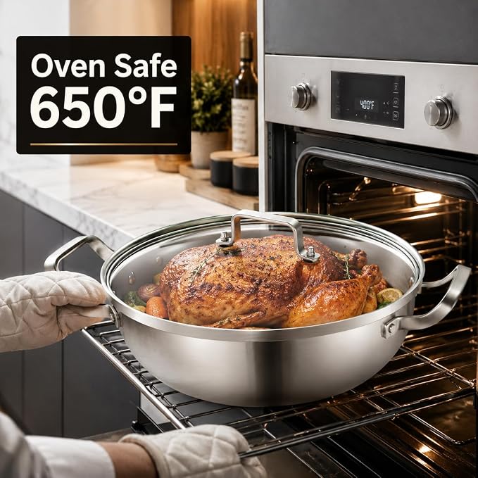 Delarlo Tri-Ply Stainless Steel Hot Pot 14 inch Everyday pan With lid, Everything Pan, Durable Deep Saute Pan, 7QT Induction Cooking Pot,Woks & Stir-Fry Pans Oven Safe Stock Pot