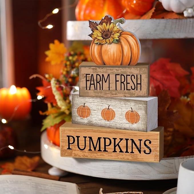 Lineshading 4 Pcs Fall Tiered Tray Decor, Pumpkin Sunflower Wood Sign | Rustic Farmhouse Wooden Block Signs, Farm Fresh Pumpkins Text, For Fall Home Shelves, Mantel, Table, School Events
