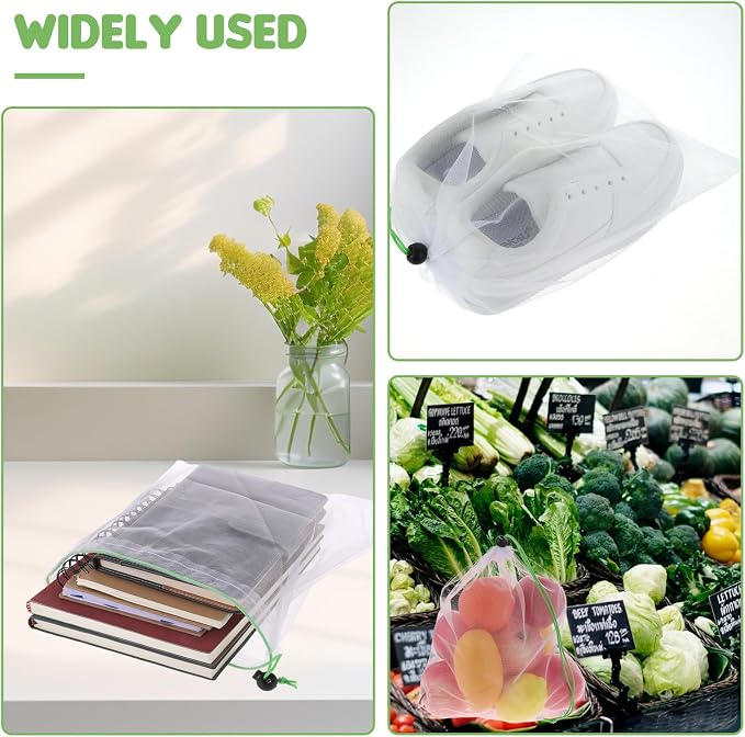 TIESOME 8PCS Reusable Produce Mesh Bags, Washable Vegetable Storage Bags | Grocery Storage Mesh Bags with Drawstring Transparent Toy Organizer Bags for Farmers Market Refrigerator Storage