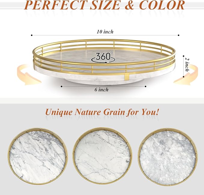 AMH 10-Inch White Marble Lazy Susan with Gold Frame | Smooth rotating oak tray with walnut finish for dining tables, kitchen counters, pantries and cabinet storage.