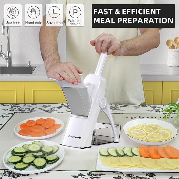 Safe Mandoline Slicer for Kitchen, Professional Vegetable Potato Slicer | 0.1-8 mm Adjustable Thickness, Food Chopper French Fry Cutte, Mandolin, Chopping Artifact Fast Veggie (just Slice, White)