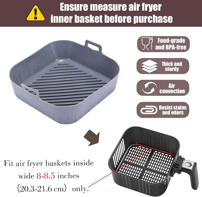 Golden Associate Silicone Liners Square for 8 to 8.5 inch Air Fryer, 4 Pcs | Non-stick, Food-grade, Reusable, Silicone Basket, Baking Tray, Airfryer Accessories