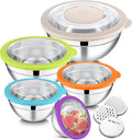 E-far Mixing Bowls with Lids Set of 5, Stainless Steel Salad Mixing Bowl with Transparent Lid, Metal Nesting Storage with 3 Graters for Kitchen Prepping/Serving/Baking, 4.6/2.6/1.5/1/0.7 QT - Colorful