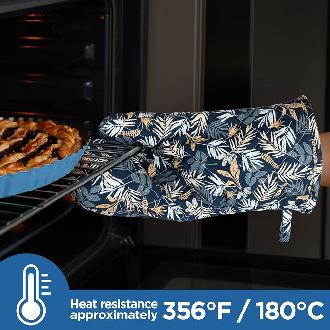 BONTHEE Oven Mitt Extra Long Cotton Cooking Kitchen Mitts with Non-Slip Striped Oven Mitts for Cooking Baking Grilling - 2PCS