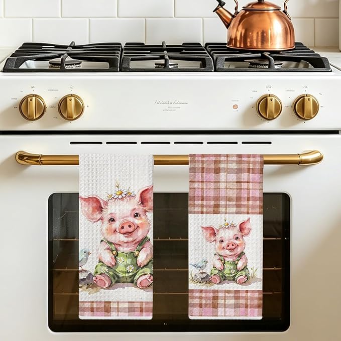 Jztco 2 Pcs Cute Pig Kitchen Towels, Plaid Pink Soft Absorbent Hand Towels | Pig Gifts for Women Mom Grandma Microfiber Dish Cloths for Drying Dishes, Waffle Dish Towels for Kitchen Bathroom Decor