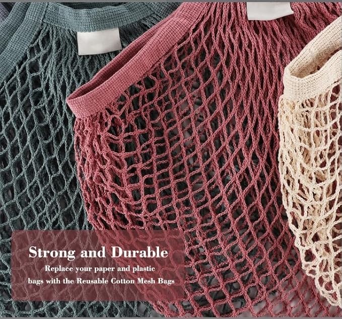 Lemonfilter 5 Pack Cotton Mesh Grocery Bags with Long Handle (4 Color) | Reusable Washable Mesh Produce Bags, Foldable Long Handle Eco Net Tote for Fruit, Vegetables and Farmers Market Shopping