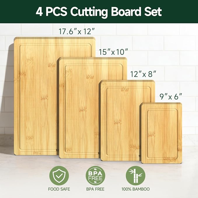 4-Piece Set Deep-Carbonized Bamboo Cutting Board for Kitchen, Natural | Crack-Resistant Wood Chopping Boards with Deep Juice Grooves, Pre-Oiled Butcher Block for Meat, Vegetables & Cheese
