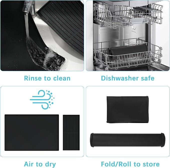 Golener Silicone Coffee Mat Set - 24" x 16" Coffee Bar Mat for Countertop, Kitchen Station Pad Accessories Fit Under Coffee Maker or Machine, Dish Drying Mat, Heat Resistant Kitchen Gadget, Black | Coffee Mat for Countertop, Waterproof Coffee Station M...
