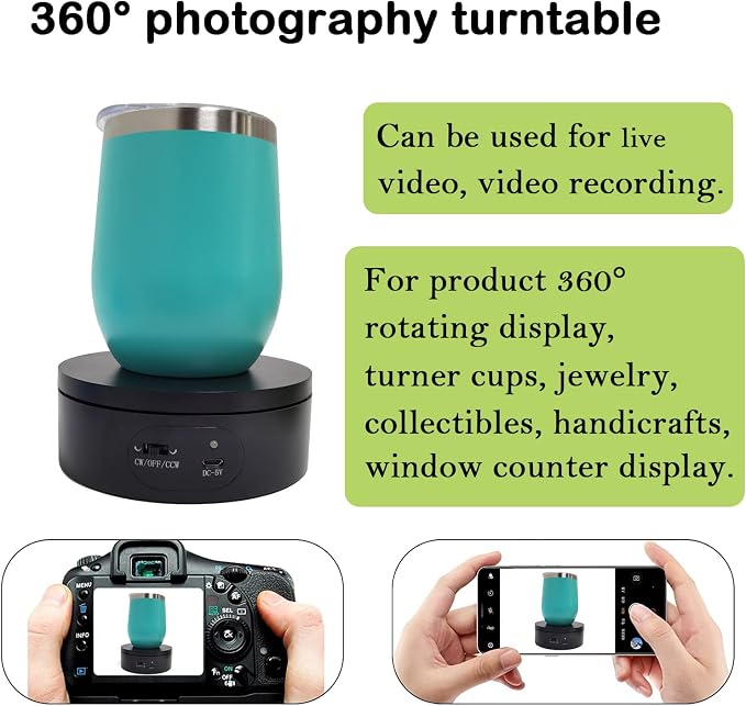 YVV Motorized Rotating Display Stand,Turner Cup Platform for Epoxy Glitter Tumbler, 360 Automatic Mute Rotating Turntable, Tumbler Making Supplies Spinner, Base for Product Video Show ,Balck 4.72in