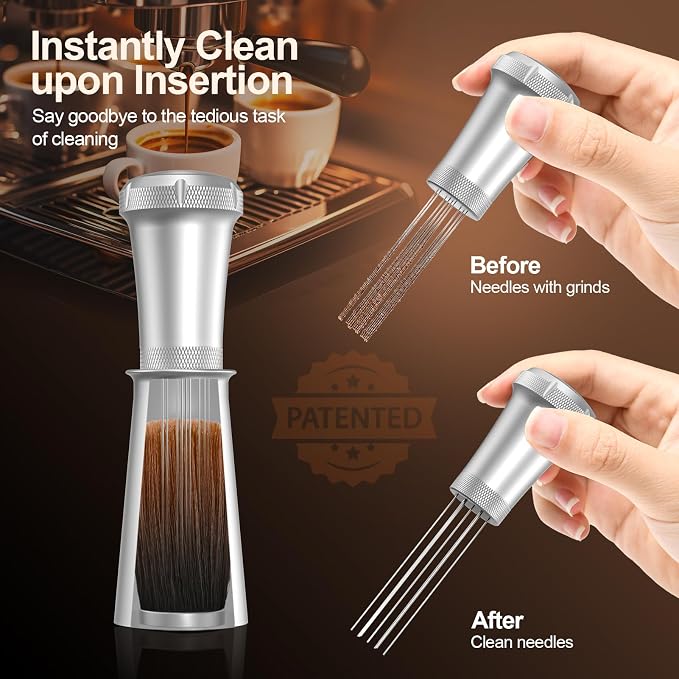 WDT Espresso Stirrer, Espresso Distribution Tool with Self Cleaning Brush, 10 x 0.35mm WDT Needles and Extra 10 Needles for Espresso Distributor, Aluminum Handle with Stand for Barista