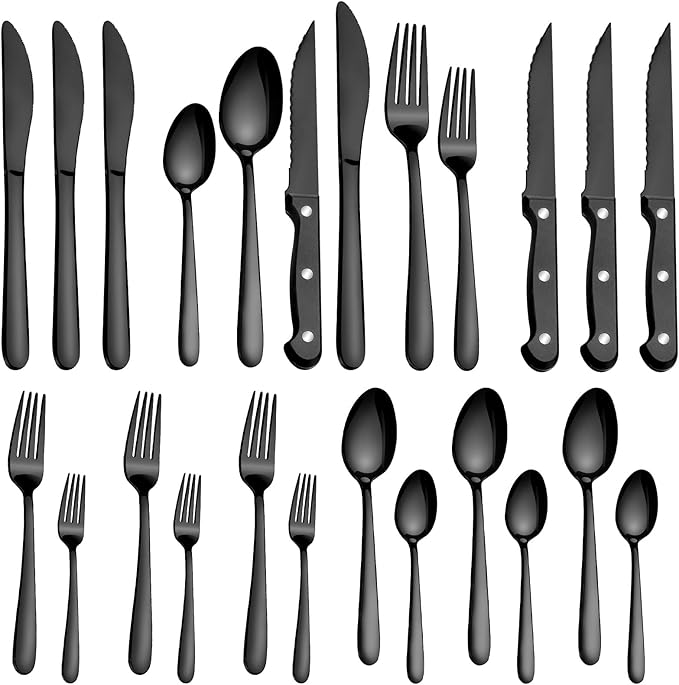 Pleafind 24Pcs Black Silverware Sets for 4 - Dishwasher Safe, Flatware Set with Steak Knives, Stainless Steel Cutlery Set, Include Forks Spoons and Knives Set, Utensil Sets for Home Restaurant