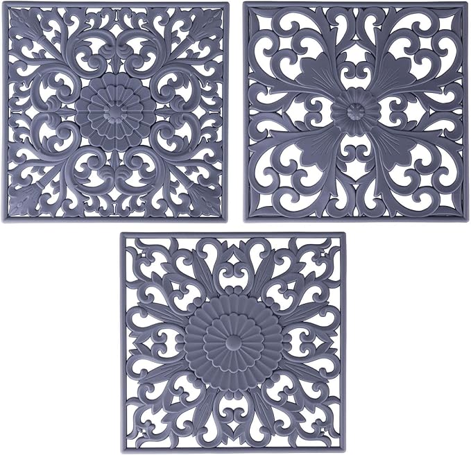 Silicone Trivets Mats for Hot Pots and Pans, Square Non Slip Mat for Table or Counter, Multi-Use Hot Pads for Microwave, Flexible Modern Pad Heat Resistant Big Teapot Coaster Set of 3 Gray