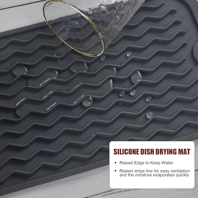 Silicone Dish Drying Mat, Non-Slip Easy Clean Sink Mat Large Heat-resistant Dish Drainer Mat for Kitchen Counter, Sink, Refrigerator or Drawer liner (12" x 6", GREY) | Quick-Dry Ridges, Hangable & Roll-Up for Storage, Dishwasher Safe