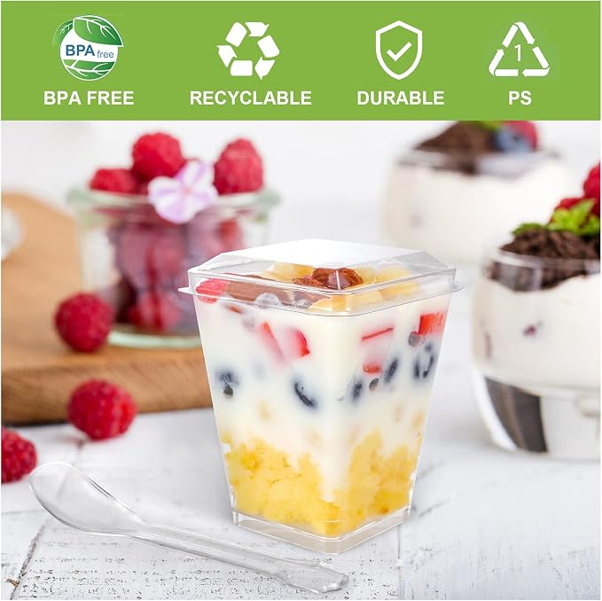 EASERCY 100 Pack 5 oz Plastic Dessert Cups with Lids, Yogurt Parfait/Appetizer Cup with Lids for Party, Mini Dessert Cups with Spoons Dessert Shooter Cups for Pudding, Fruit and Ice Cream