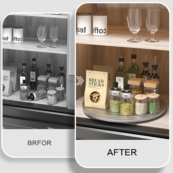 Oroyutor 16-Inch Oak Lazy Susan Organizer with Silver Iron Rail | Oak wood base, silver iron rail and smooth 360-degree rotation for dining tables, kitchen counters and spice storage.