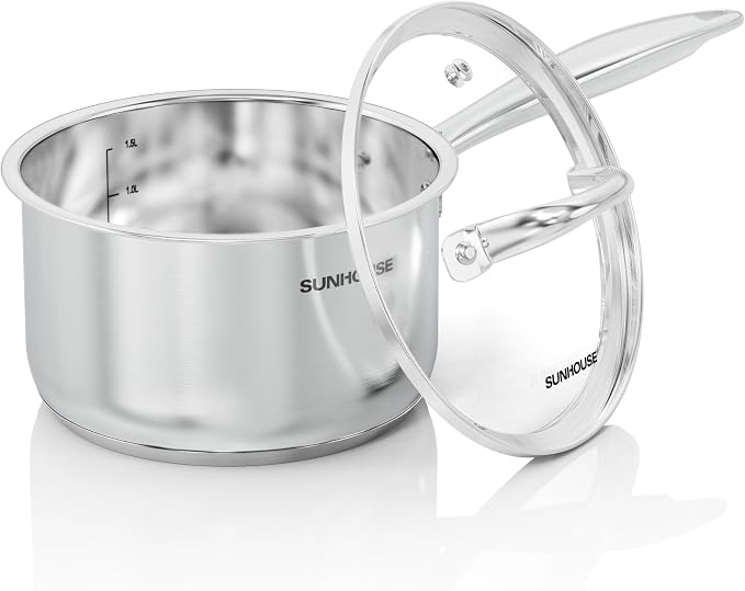 SUNHOUSE 2 QT Stainless Steel Saucepan with Lid, 3-Ply Small Sauce Pot | 18/10 Stainless Steel Pot For Cooking - Induction Compatible Milk Pan - PFOA Free, Oven & Dishwasher Safe Sauce Pan
