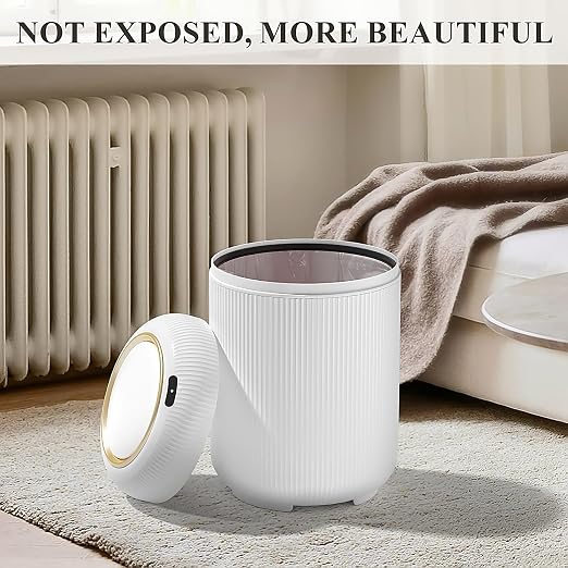 Automatic Motion Sensor Bathroom Trash Can with Lid,White and Gold | 3 Gallon Touchless Trash Bin,Auto Plastic Electric Garbage Cans Small White waste basket for Office, rv, Bedroom, Living Room