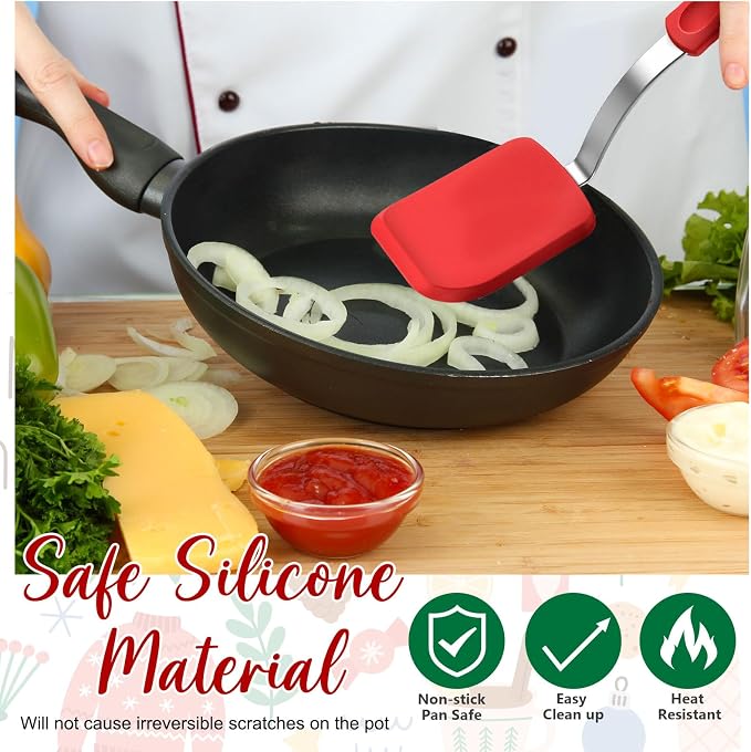 Silicone Cookie Spatula Turner 2 Pack Mini Brownie Spatula Flexible Kitchen Small Silicone Turner for Nonstick Cookware Heat Resistant No Scratch Flipper for Egg(Solid Flat,Red, Green)