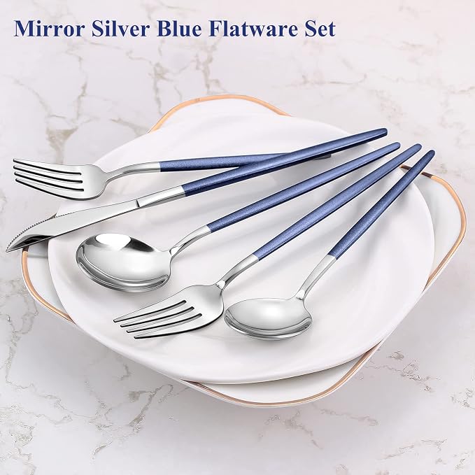 VANVRO Mirror Silver Blue Silverware Set, 20-Piece Stainless Steel Flatware Set, Satin Finish tableware Cutlery Set, Service for 4, Home and Restaurant, Dishwasher Safe