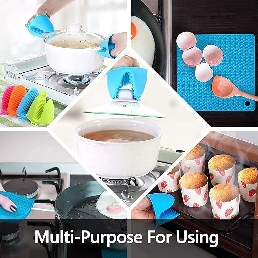 Silicone Oven Mitts and Pot Holders Set, MTZRFLL Extra Long Heat Resistant Oven Gloves with Hot Pads and Mini Oven Mittens for Grilling, Kitchen Cooking Baking, Soft Quilted Lining, Pack of 6 (Blue) | 500°F heat resistant, cotton lining, honeycomb non-...