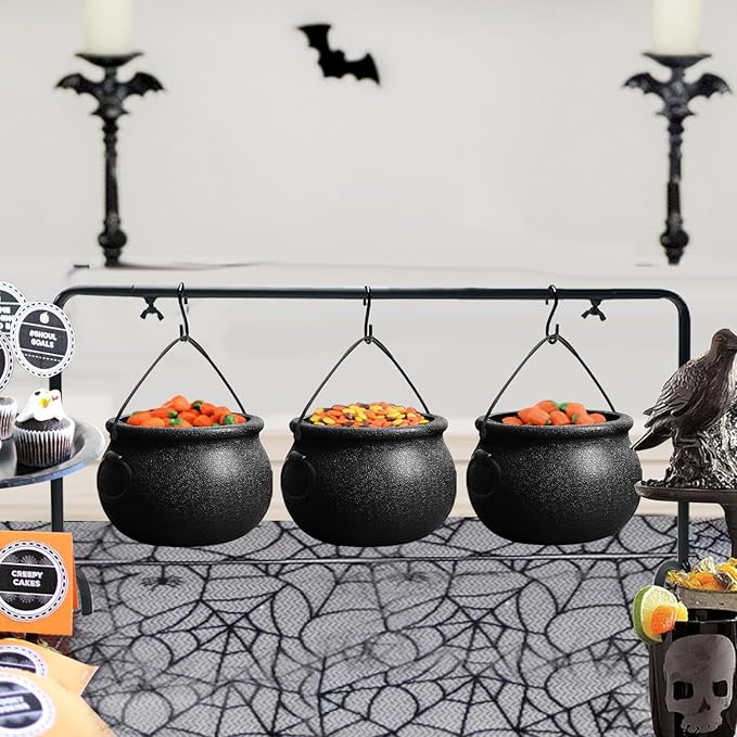 Halloween Decorations Indoor, 3 Pack Witches Cauldron Serving Bowls on Rack | Halloween Party Decorations Halloween Candy Bowl Black Plastic Cauldron for Home Kitchen Decor