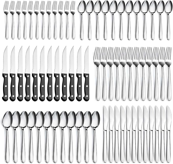 Pleafind 72-Pieces Silverware Set for 12, Flatware Set with Triple Rivet Steak Knives, Stainless Steel Cutlery Set, Include Forks Spoons and Knives Set, Utensil Sets for Home Restaurant