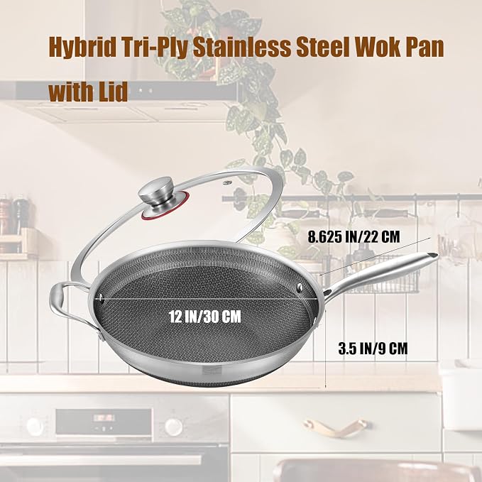LOLYKITCH Hybird Nonstick Wok Pan with Lid | 12-Inch | Detachable Handle | Non Toxic | Tri-Ply Stainless Steel | Ceramic Coating | Stir Fry Pan | Induction Compatible | Dishwasher & Oven Safe