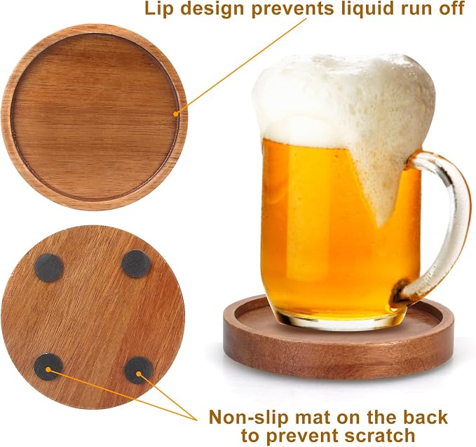 Wooden Coaster Set of 6 Coffee Table Decor Bar Cup Drink Coasters Holder | Acacia Wood Coaster Coffee Bar Accessories Kitchen and Dining Room Outdoor Costers Modern Cute Beer Rustic Farmhouse Decor