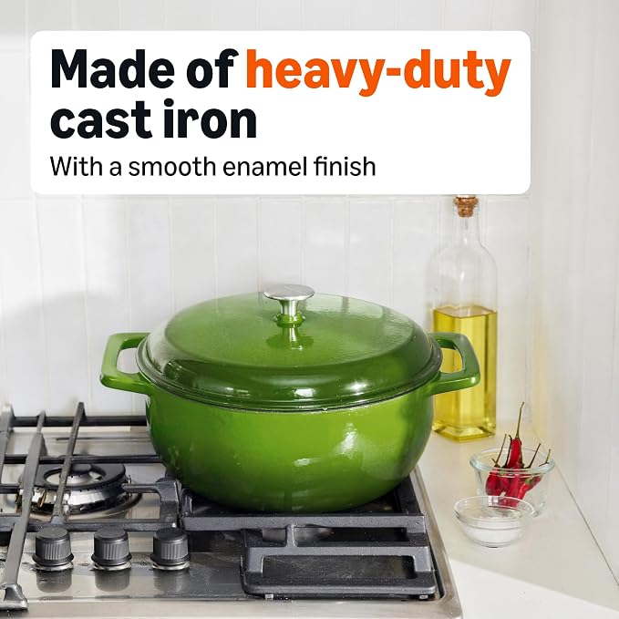 Amazon Basics Enameled Cast Iron Dutch Oven Pot with Lid, Round, Dual Handles, Heavy-Duty, Oven Safe for Stews, Roasting, Baking, 6-Quart, Green