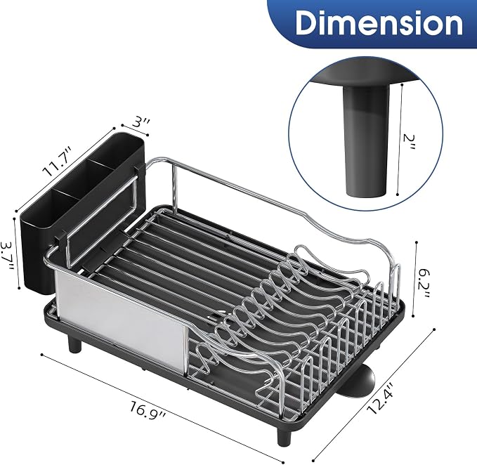 Urackify Stainless Steel Dish Drying Rack for Kitchen Counter, Black | Rustproof Dish Rack with Utensil Holder, 16.9" L x 12.4" W Large Capacity, Auto Drain Dish Drainer for Plate Dish Sliverware