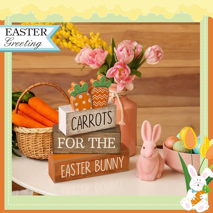 Lineshading 4 Pcs Wooden Tiered Tray Decor, Farmhouse Carrots Block Signs | Rustic Wooden Signs with Carrot Cutouts, Easter Spring Tabletop Decorations, Stackable for Farmhouse Home Displays