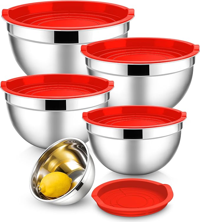 E-far Mixing Bowls with Lids Set, Stainless Steel Cooking Salad Bowls, Red | 10-Piece Metal Nesting Bowls with Airtight Lid for Kitchen Storage, Baking & Prepping, Dishwasher Safe, 0.7/1.5/2.1/3/4.6 QT