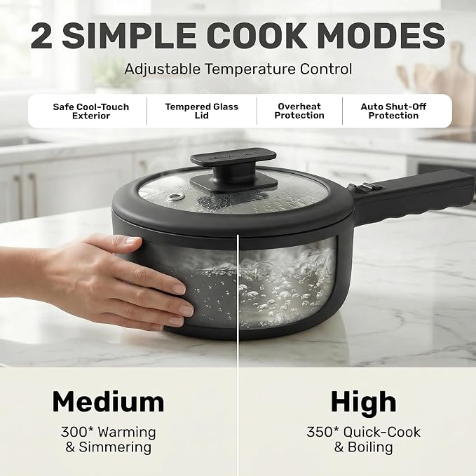 CERAMAX Electric Hot Pot 1.5L, Non-Stick Ceramic Skillet with Steamer & Lid for Ramen, Soup, Steak, Egg - BPA-Free, Non-Toxic, 350°F in 4 Min, Portable Electric Pan for Dorm, Travel, RV, Office, Black